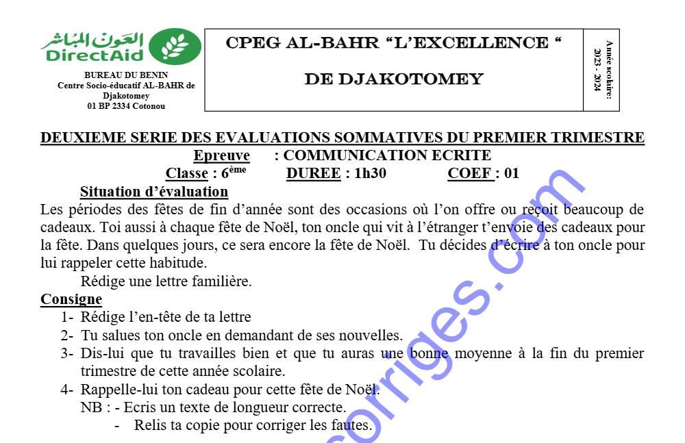 Aperçu de la première page — COMMUNICATION ECRITE 6EME 2EME DEVOIR DU 1ER TRIMESTRE 2023 2024 CPEG AL BAHR L'EXCELLENCE