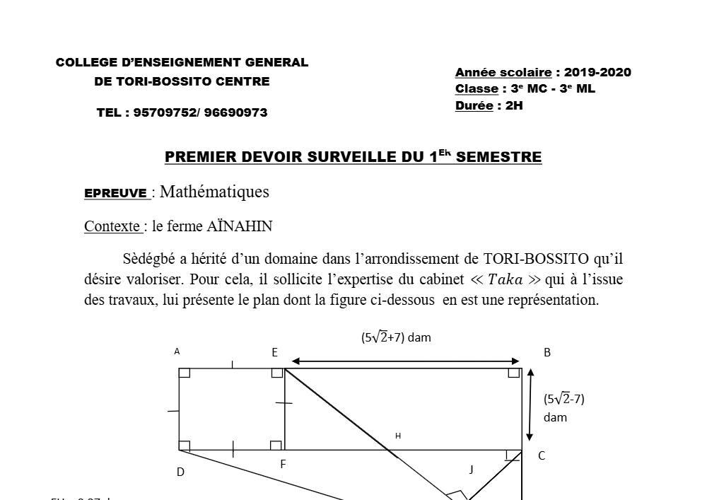 Aperçu de la première page — 3ème Mathématiques 1er Devoir 1er Semestre CEG Tori Bossito 2019 2020