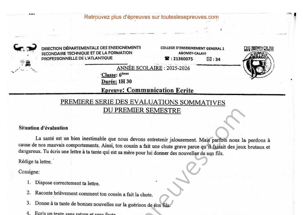 Aperçu de la première page — Communication Écrite 6ème – 1er Devoir du 1er Semestre 2025 2026 – Lettre familiale sur la santé – CEG 1 Abomey Calavi