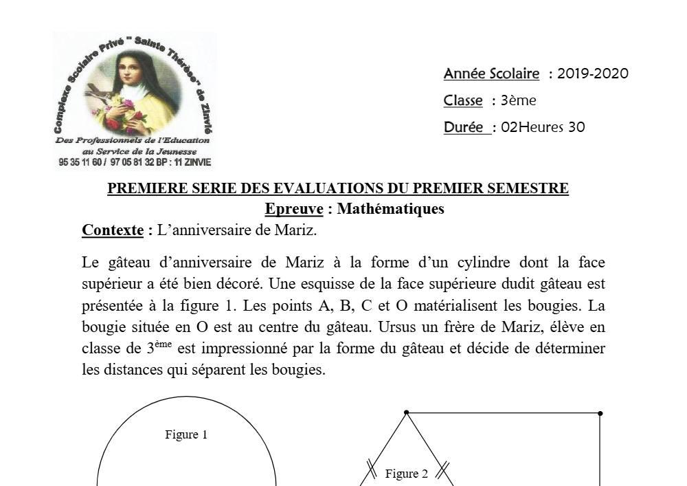 Aperçu de la première page — 3ème Mathématiques 1er Devoir 1er Semestre CS Sainte Therese 2019 2020