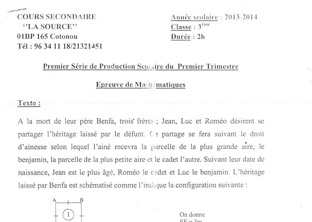 Aperçu de la première page — 3ème Mathématiques 1er Devoir 1er Trimestre Cours Secondaire La Source 2014