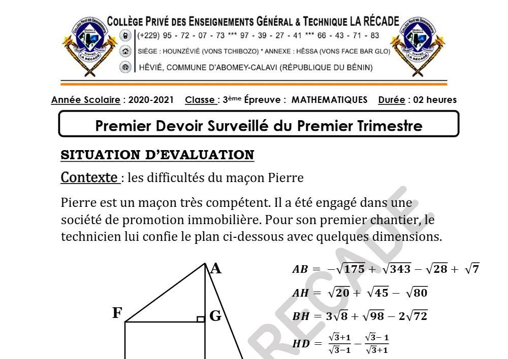 Aperçu de la première page — 3ème Mathématiques 1er Devoir 1er Trimestre CPEG La Recade 2020 2021
