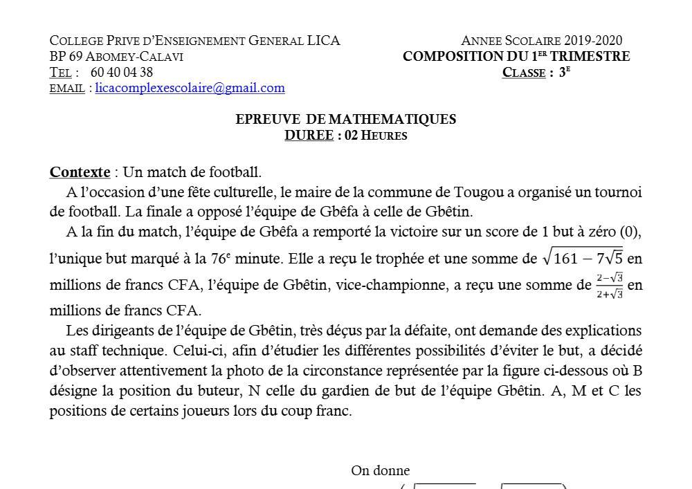 Aperçu de la première page — 3ème Mathématiques 1er Devoir 1er Trimestre CPEG Lica 2019 2020