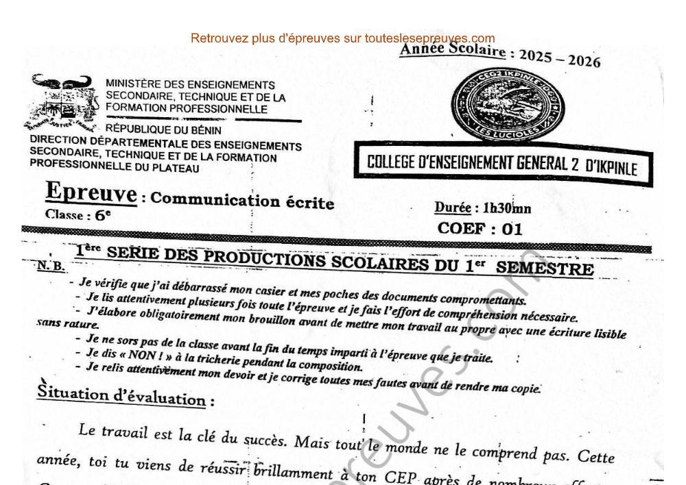 Aperçu de la première page — Communication écrite 6ème – 1er Devoir du 1er Semestre 2025 2026 – Lettre familière de réussite au CEP – CEG 2 Ikpinlè