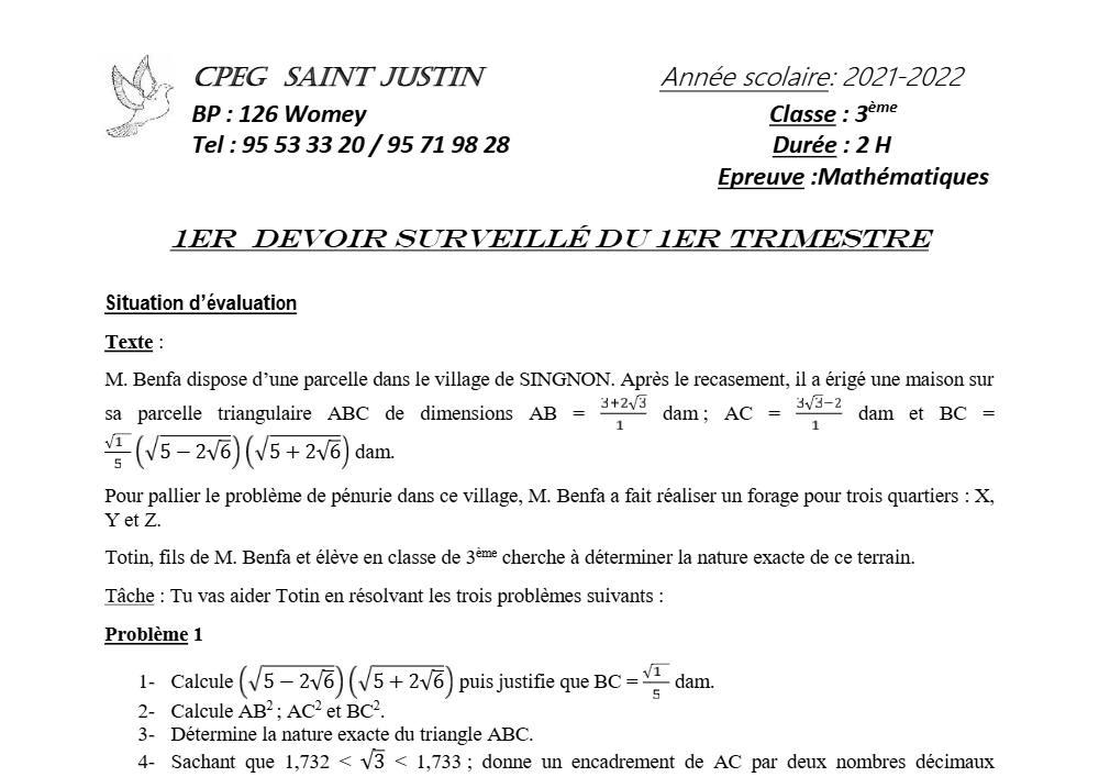 Aperçu de la première page — 3ème Mathématiques 1er Devoir 1er Trimestre CPEG Saint Justin 2021 2022
