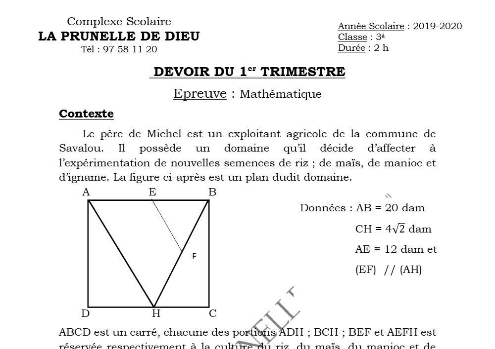 Aperçu de la première page — 3ème Mathématiques 1er Devoir 1er Trimestre CS La Prunelle de Dieu 2019 2020