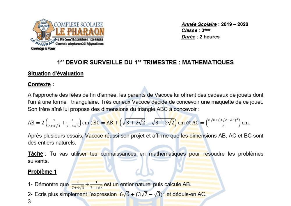 Aperçu de la première page — 3ème Mathématiques 1er Devoir 1er Trimestre CS Le Pharaon 2019 2020