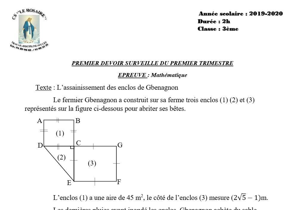 Aperçu de la première page — 3ème Mathématiques 1er Devoir 1er Trimestre CS Le Rosaire 2019 2020