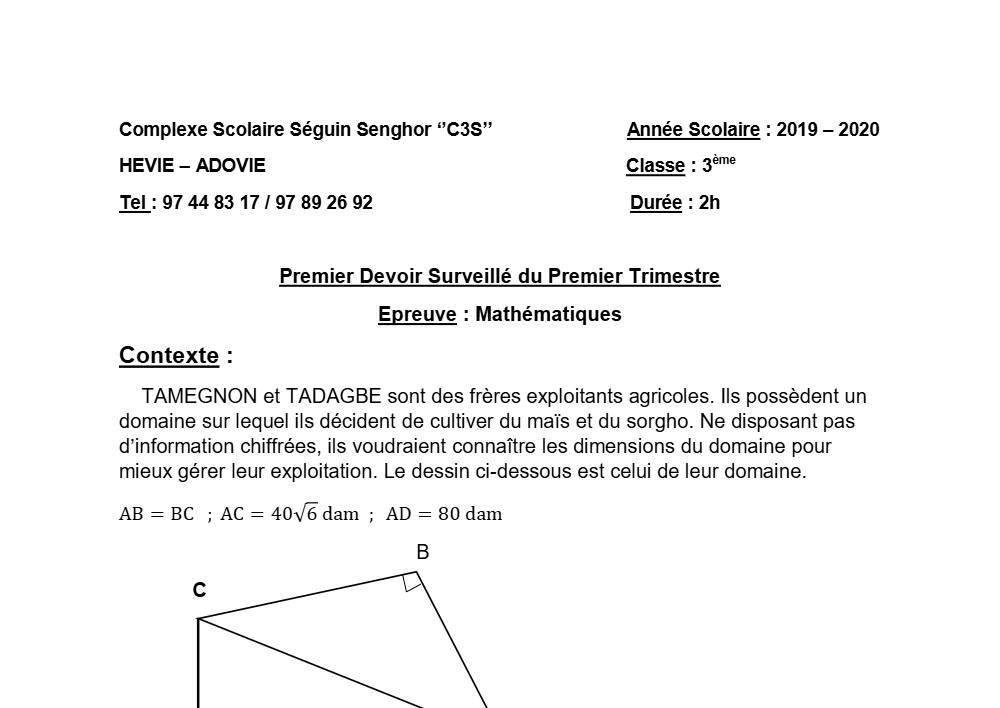 Aperçu de la première page — 3ème Mathématiques 1er Devoir 1er Trimestre CS Séguin Senghor 2019 2020