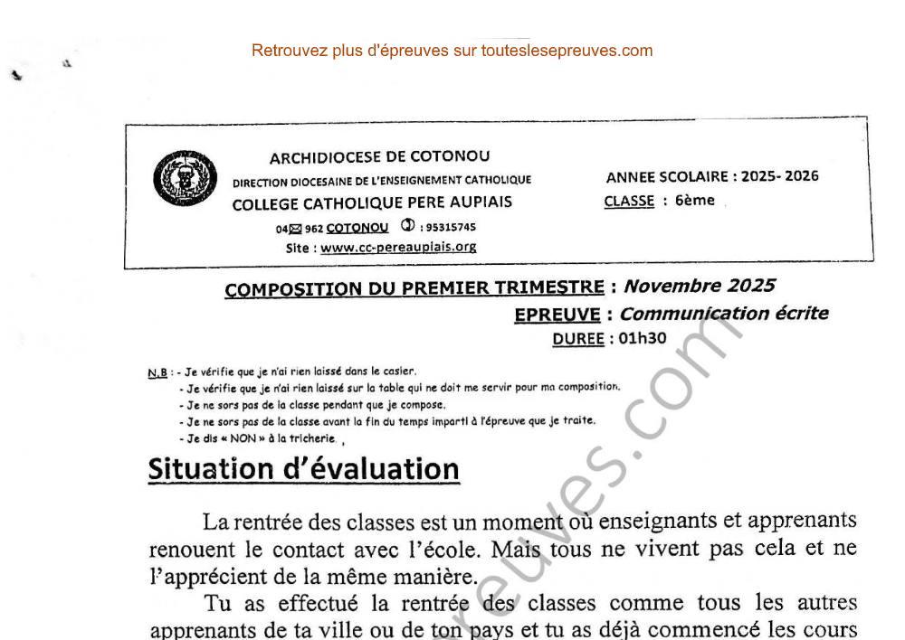 Aperçu de la première page — Communication écrite 6ème – Composition du 1er trimestre 2025 2026 – Lettre sur la rentrée des classes – Collège Catholique Père Aupiais