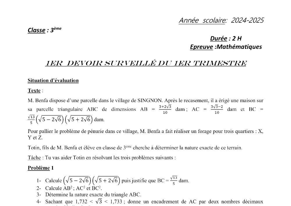 Aperçu de la première page — 3ème Mathématiques 1er Devoir 1er Trimestre du D Année Scolaire 2024 2025