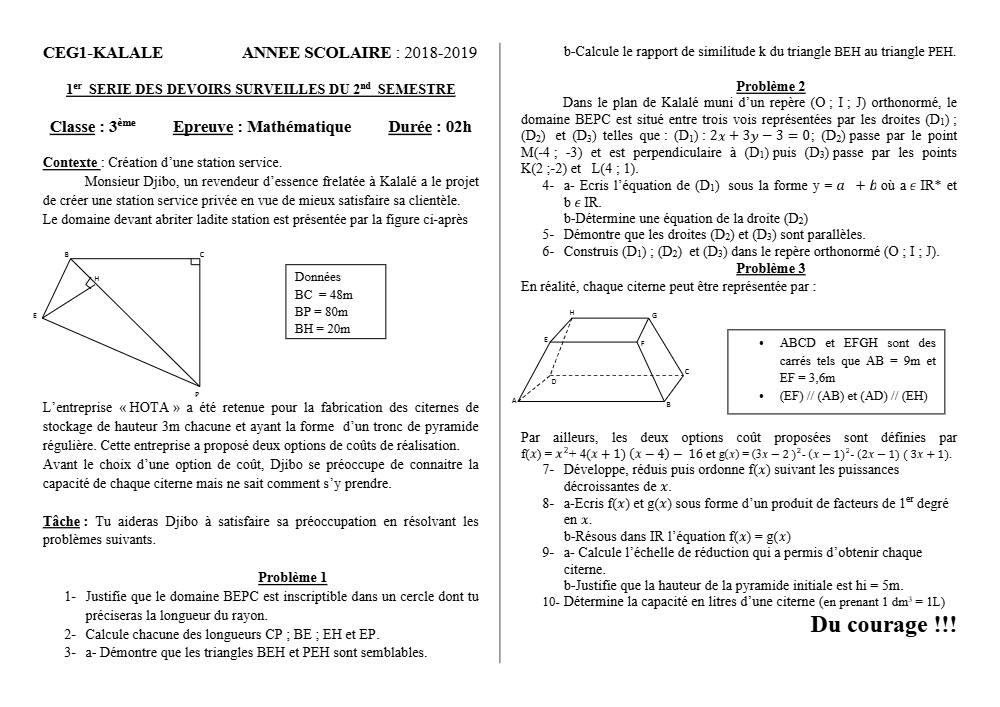 Aperçu de la première page — 3ème Mathématiques 1er Devoir 2ème Semestre CEG1 Kalalé 2018 2019