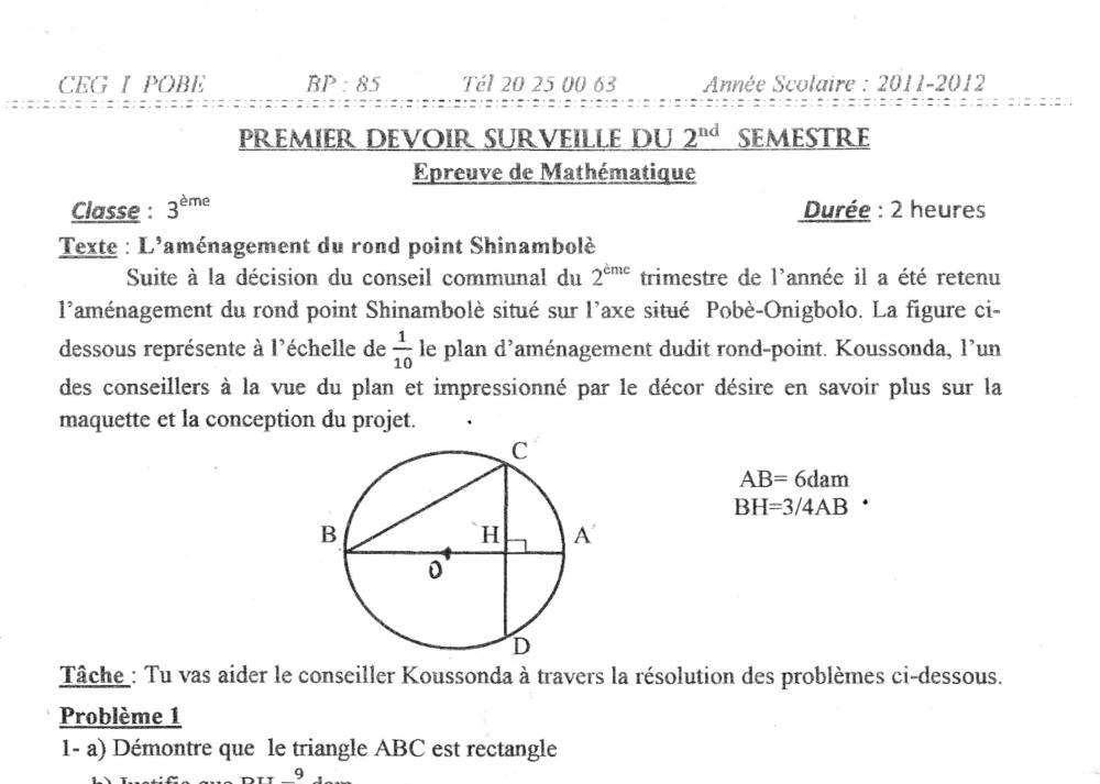 Aperçu de la première page — 3ème Mathématiques 1er Devoir 2ème Semestre CEG1 Pobè 2011 2012
