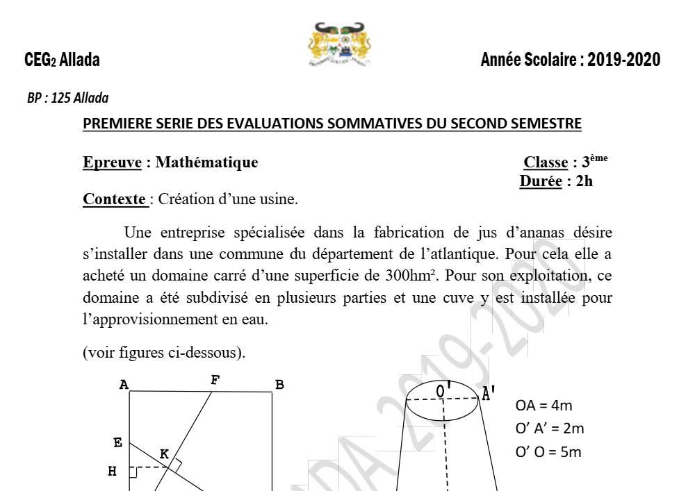 Aperçu de la première page — 3ème Mathématiques 1er Devoir 2ème Semestre CEG2 Allada 2019 2020