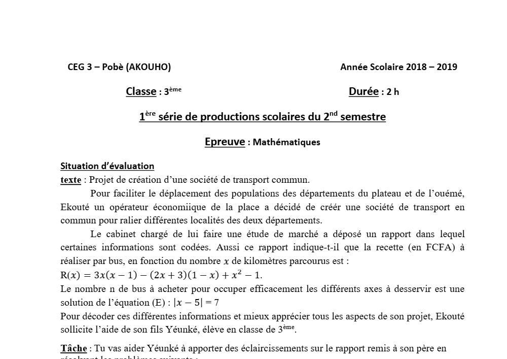 Aperçu de la première page — 3ème Mathématiques 1er Devoir 2ème Semestre CEG3 Pobè 2018 2019