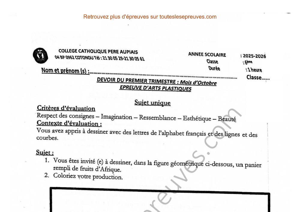 Aperçu de la première page — Devoir d'Arts plastiques 6è – 1er trimestre – Collège Père Aupiais Cotonou – Octobre 2025
