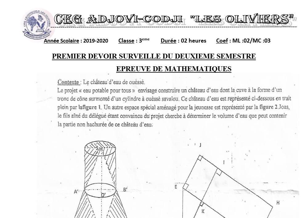 Aperçu de la première page — 3ème Mathématiques 1er Devoir 2ème Semestre CEG Adjovi Codji 2019 2020