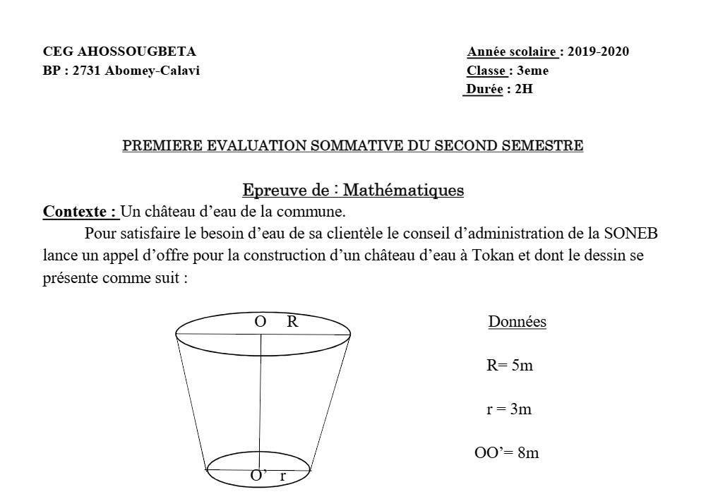 Aperçu de la première page — 3ème Mathématiques 1er Devoir 2ème Semestre CEG Ahossougbéta 2019 2020