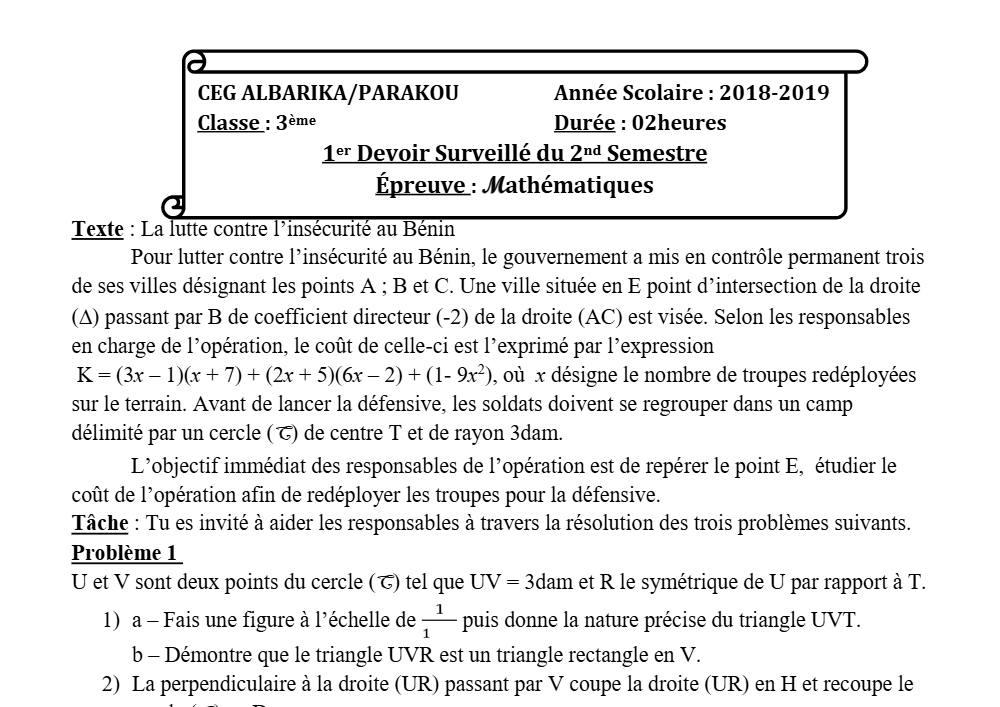 Aperçu de la première page — 3ème Mathématiques 1er Devoir 2ème Semestre CEG Albarika 2018 2019