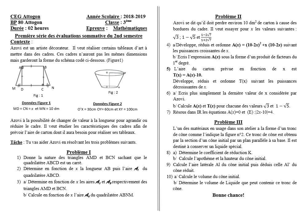 Aperçu de la première page — 3ème Mathématiques 1er Devoir 2ème Semestre CEG Attogon 2018 2019