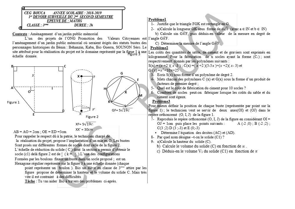 Aperçu de la première page — 3ème Mathématiques 1er Devoir 2ème Semestre CEG Bouca 2018 2019