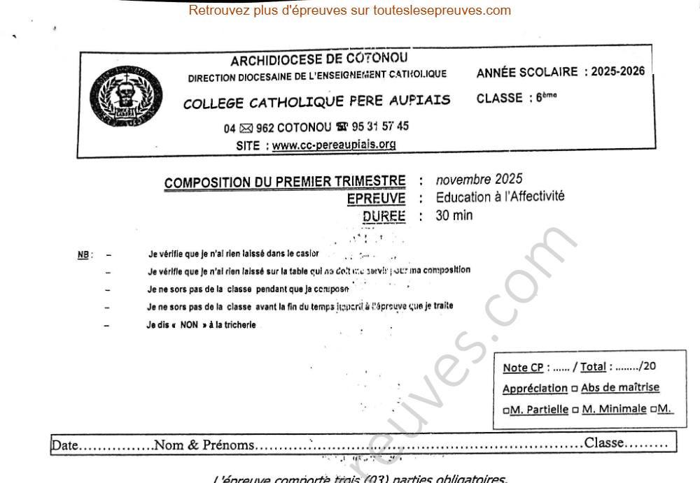 Aperçu de la première page — Ducation à l’Affectivité 6e – Composition du 1er trimestre 2025 2026 – Personnalité, tempéraments et identité – Collège Catholique Père Aupiais