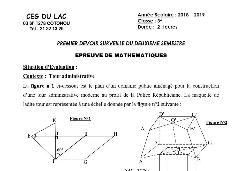 Aperçu de la première page — 3ème Mathématiques 1er Devoir 2ème Semestre CEG du Lac 2018 2019