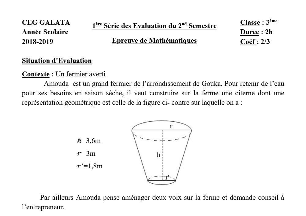 Aperçu de la première page — 3ème Mathématiques 1er Devoir 2ème Semestre CEG Galata 2018 2019