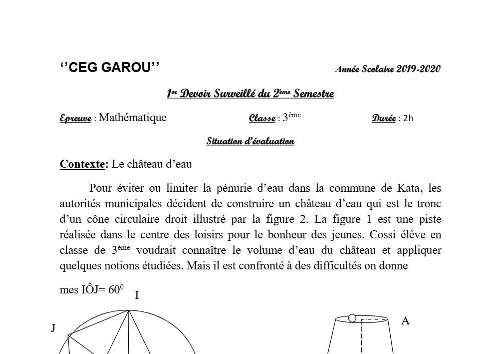 Aperçu de la première page — 3ème Mathématiques 1er Devoir 2ème Semestre CEG Garou 2019 2020
