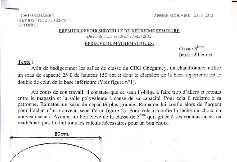 Aperçu de la première page — 3ème Mathématiques 1er Devoir 2ème Semestre CEG Gbégamey 2011 2012