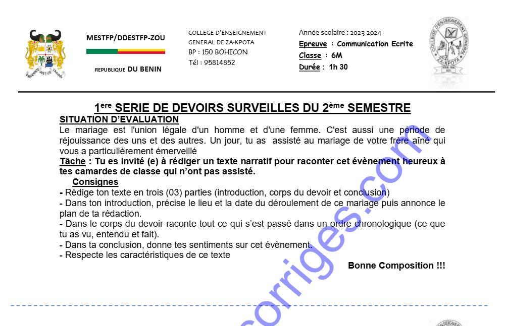Aperçu de la première page — Epreuve de communication ecrite 6ème 2ème devoir du 1er semestre 2023 2024 CEG ZA KPOTA