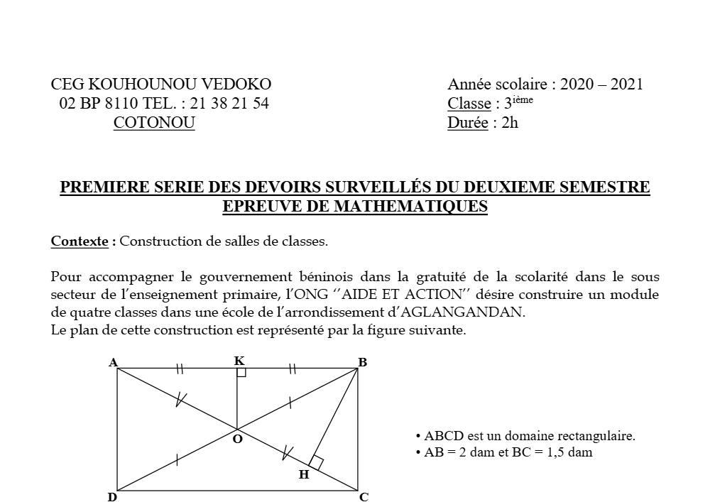 Aperçu de la première page — 3ème Mathématiques 1er Devoir 2ème Semestre CEG K Vedoko 2020 2021
