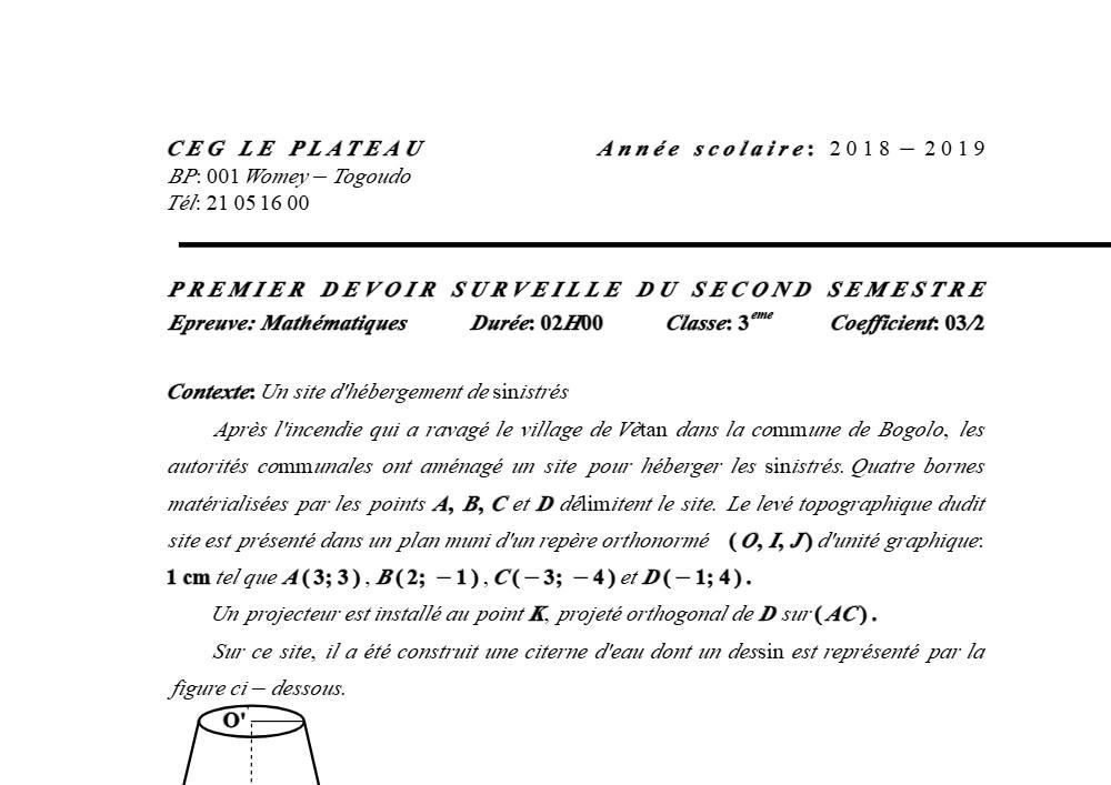 Aperçu de la première page — 3ème Mathématiques 1er Devoir 2ème Semestre CEG Le Pateau 2018 2019