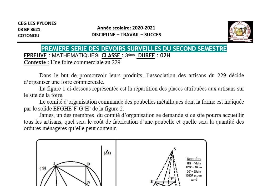 Aperçu de la première page — 3ème Mathématiques 1er Devoir 2ème Semestre CEG Les Pylônes 2020 2021