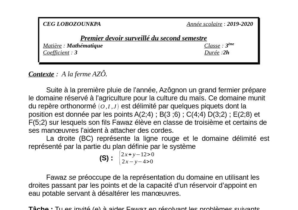 Aperçu de la première page — 3ème Mathématiques 1er Devoir 2ème Semestre CEG Lobozounkpa 2019 2020