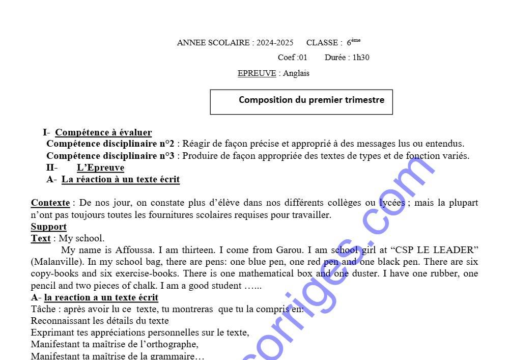Aperçu de la première page — Epreuve de composition du 1er trimestre anglais 6ème 2024 2025
