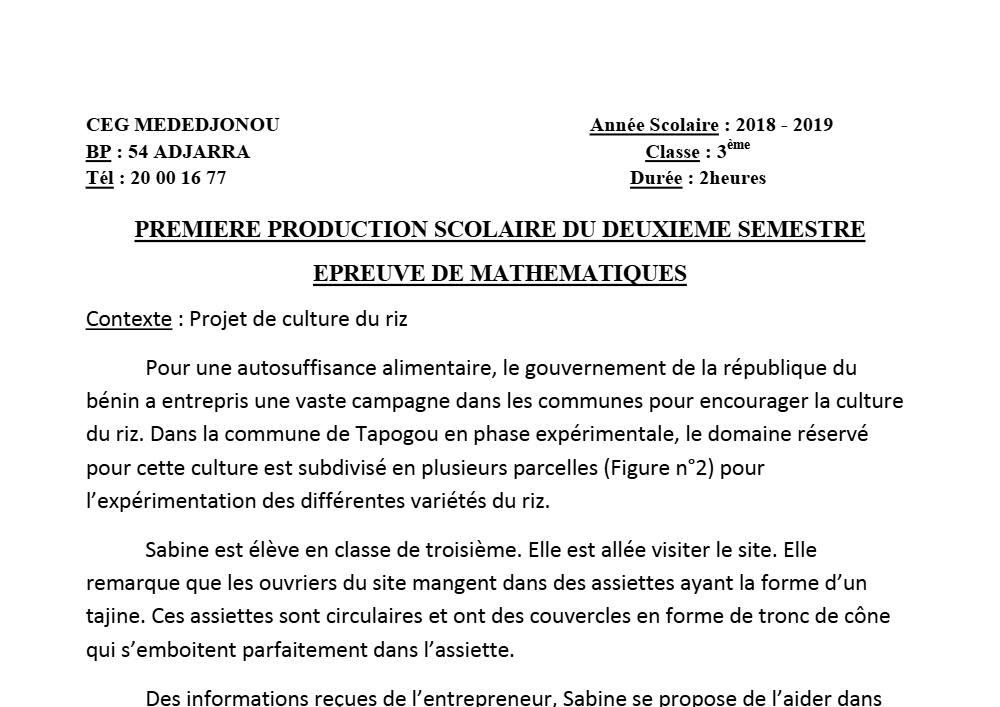 Aperçu de la première page — 3ème Mathématiques 1er Devoir 2ème Semestre CEG Mededjonou 2018 2019