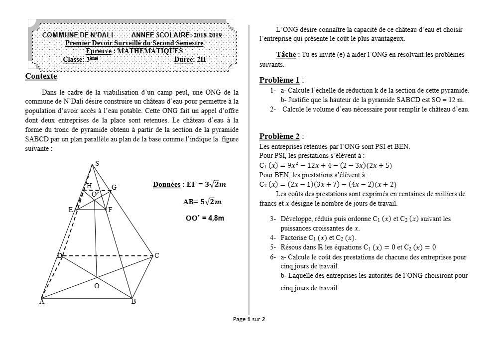Aperçu de la première page — 3ème Mathématiques 1er Devoir 2ème Semestre CEG N'Dali 2018 2019
