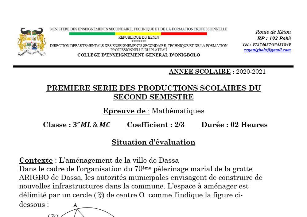 Aperçu de la première page — 3ème Mathématiques 1er Devoir 2ème Semestre CEG Onigbolo 2020 2021