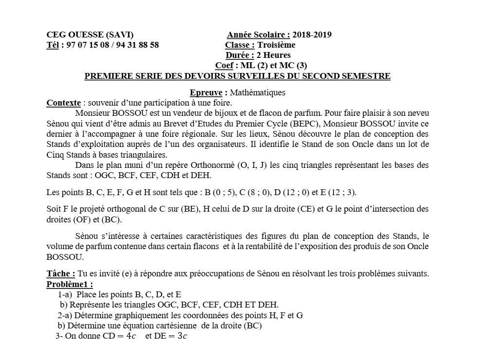 Aperçu de la première page — 3ème Mathématiques 1er Devoir 2ème Semestre CEG Ouesse 2018 2019