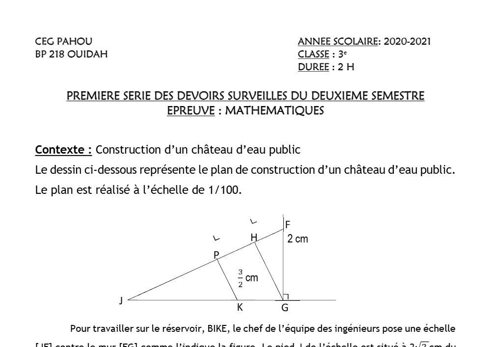 Aperçu de la première page — 3ème Mathématiques 1er Devoir 2ème Semestre CEG Pahou 2020 2021