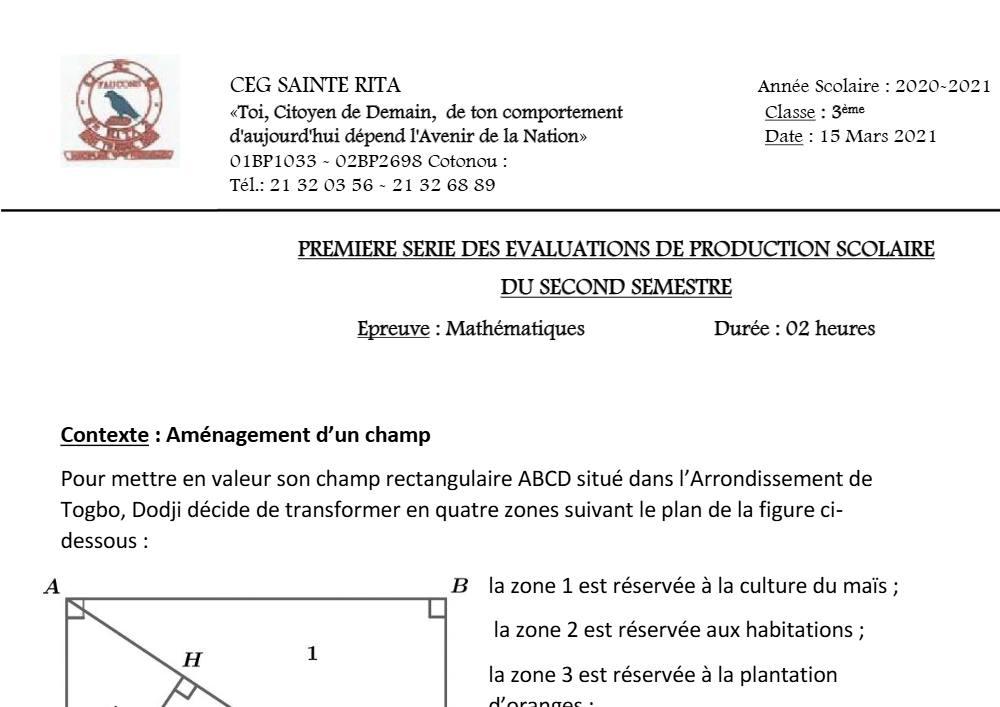 Aperçu de la première page — 3ème Mathématiques 1er Devoir 2ème Semestre CEG Sainte Rita 2020 2021