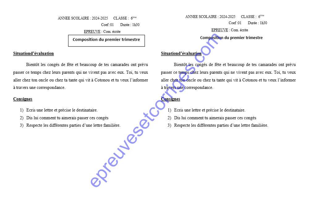Aperçu de la première page — Epreuve de composition du 1er trimestre communication ecrite 6ème 2024 2025
