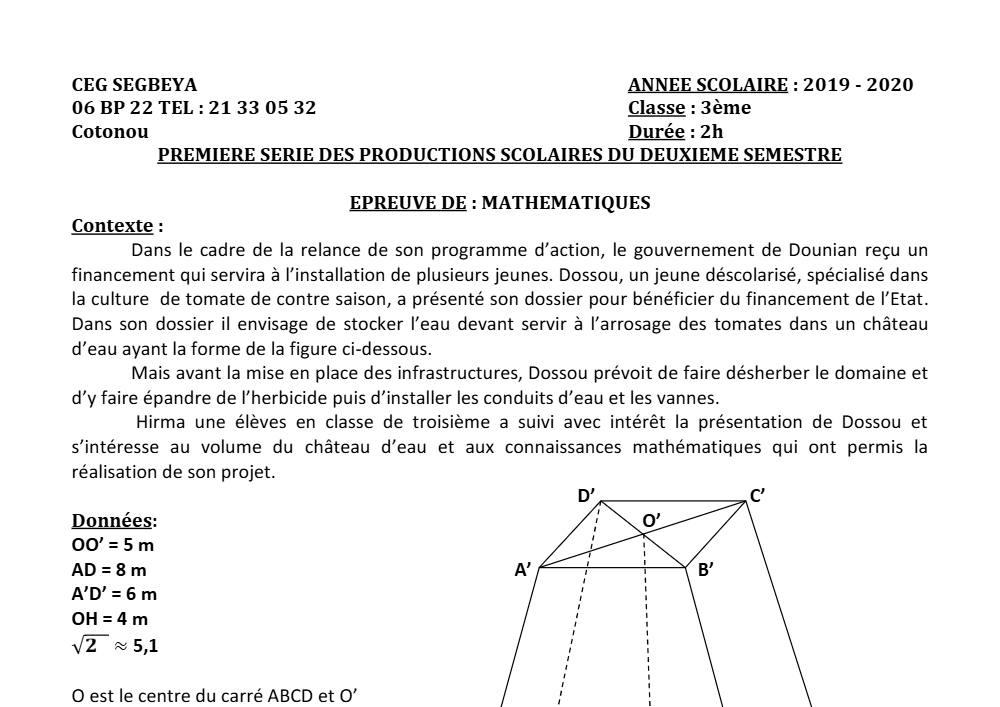 Aperçu de la première page — 3ème Mathématiques 1er Devoir 2ème Semestre CEG Ségbéya 2019 2020