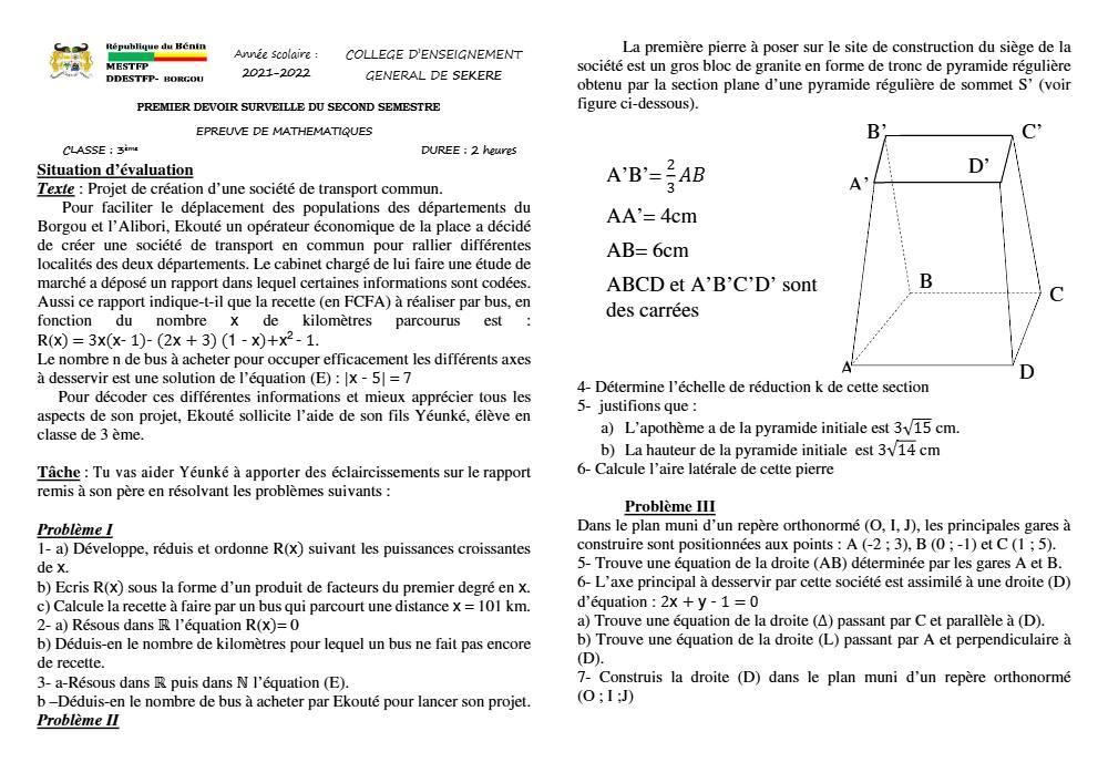 Aperçu de la première page — 3ème Mathématiques 1er Devoir 2ème Semestre CEG Sékéré 2021 2022