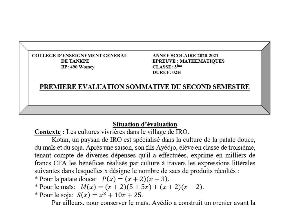 Aperçu de la première page — 3ème Mathématiques 1er Devoir 2ème Semestre CEG Tankpè 2020 2021
