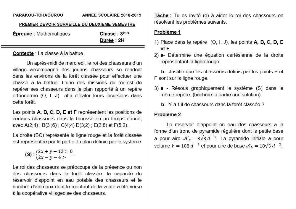 Aperçu de la première page — 3ème Mathématiques 1er Devoir 2ème Semestre CEG Tchaourou 2018 2019