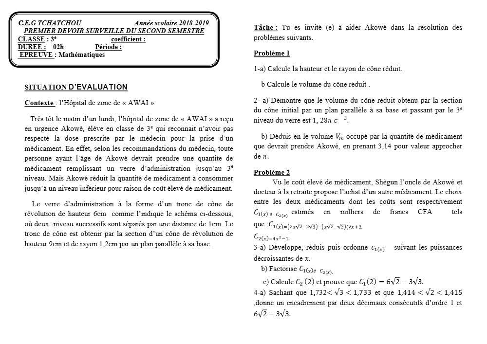 Aperçu de la première page — 3ème Mathématiques 1er Devoir 2ème Semestre CEG Tchatchou 2018 2019
