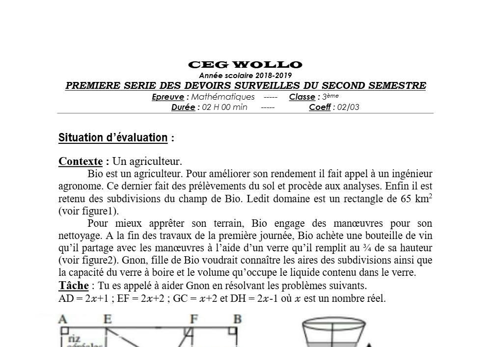 Aperçu de la première page — 3ème Mathématiques 1er Devoir 2ème Semestre CEG Wollo 2018 2019