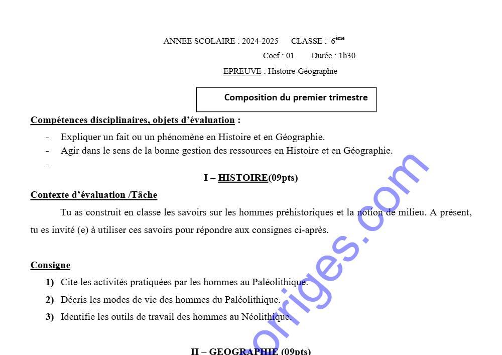 Aperçu de la première page — Epreuve de composition du 1er trimestre histoire geographie 6ème 2024 2025